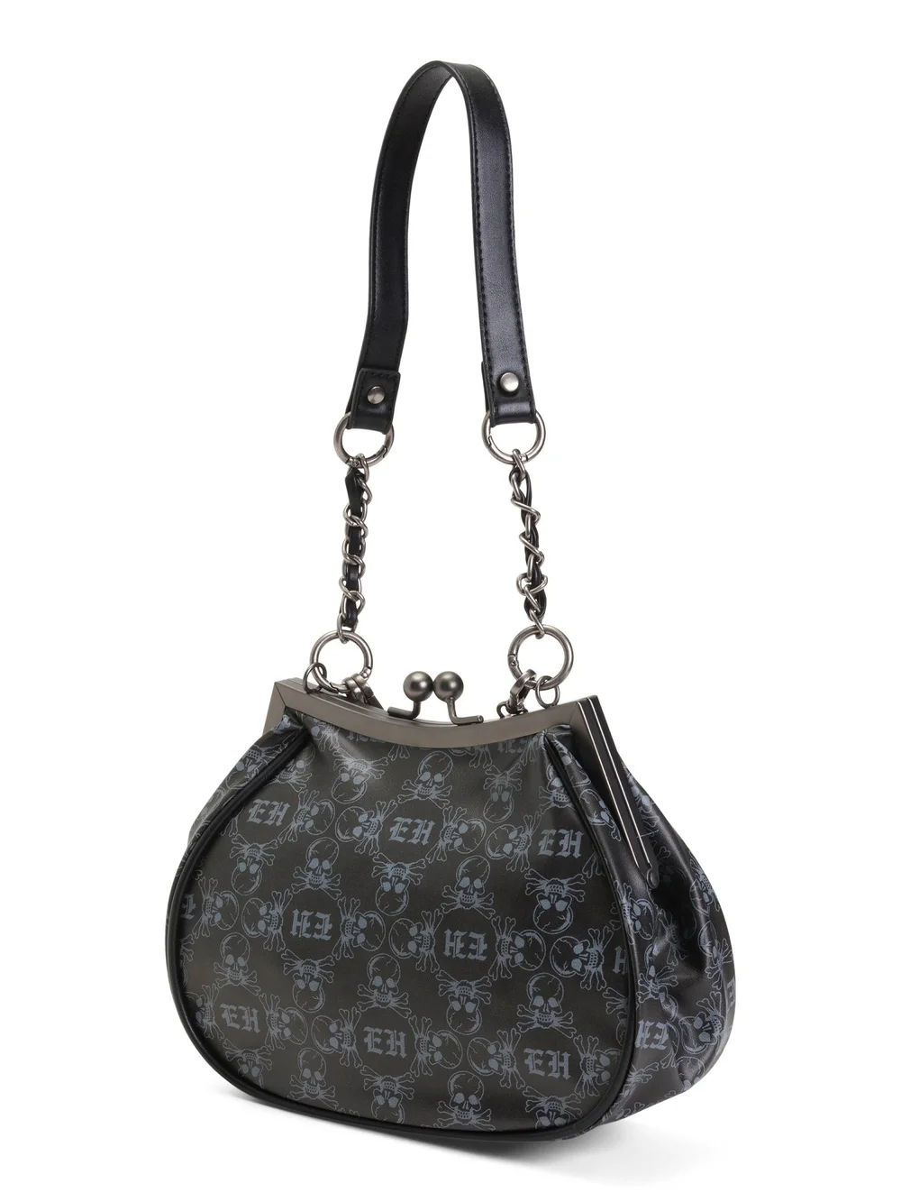 Ed Hardy Black Skull Print Shoulder Bag with Pink Accent